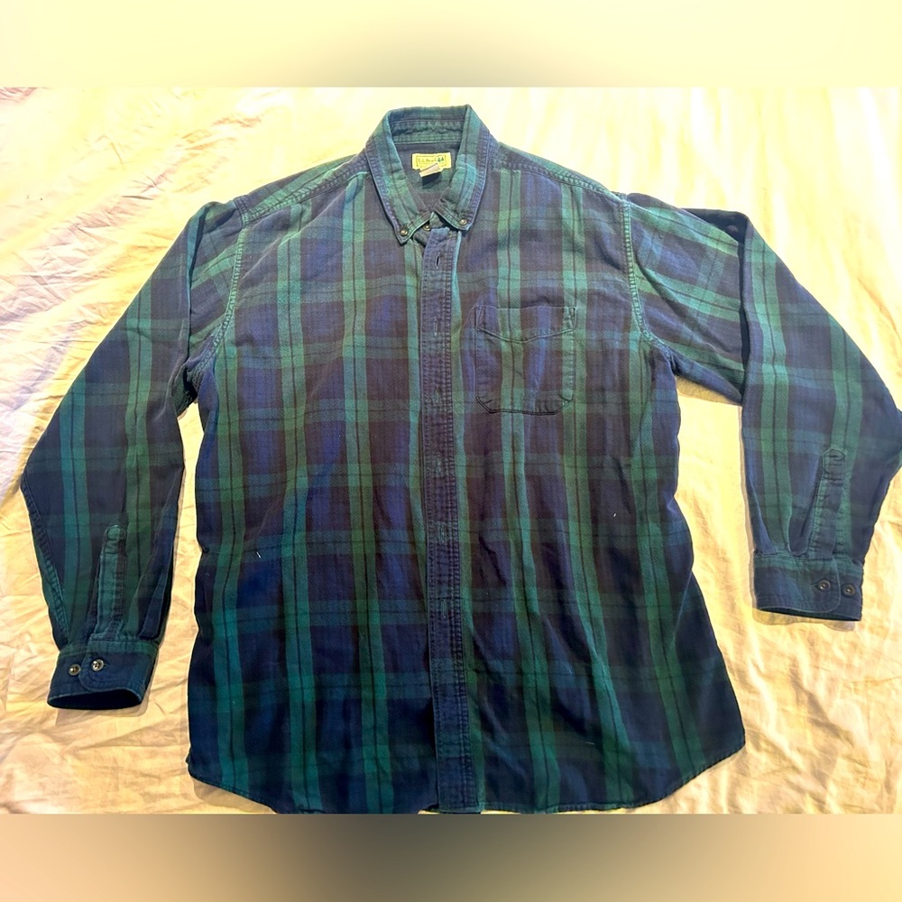 LL Bean Traditional Fit 90’s Vintage Flannel Shirt Plaid Green Blue Mens Size XL
